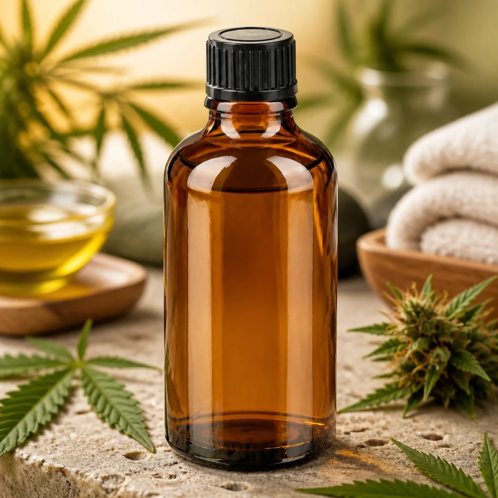 Frasco de cristal compacto de 50 ml en marrón con tapón negro para una dosificación y almacenamiento precisos
