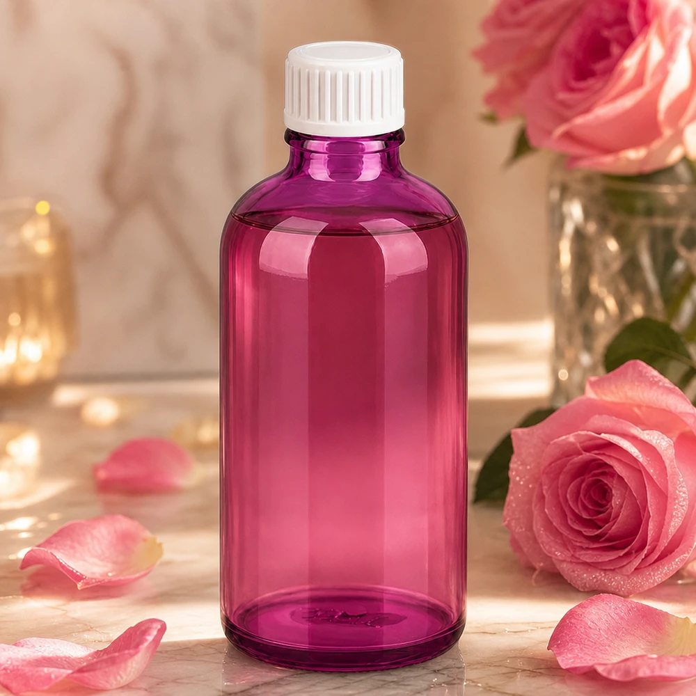 Frasco de vidrio morado de 100 ml con tapón blanco para aromaterapia y cosmética natural