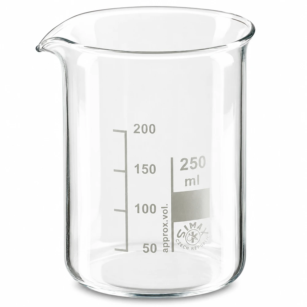 Vaso de precipitados 250ml vidrio borosilicato forma baja Vaso de laboratorio de 250 ml de forma baja fabricado en vidrio de borosilicato con escala mililítrica precisa