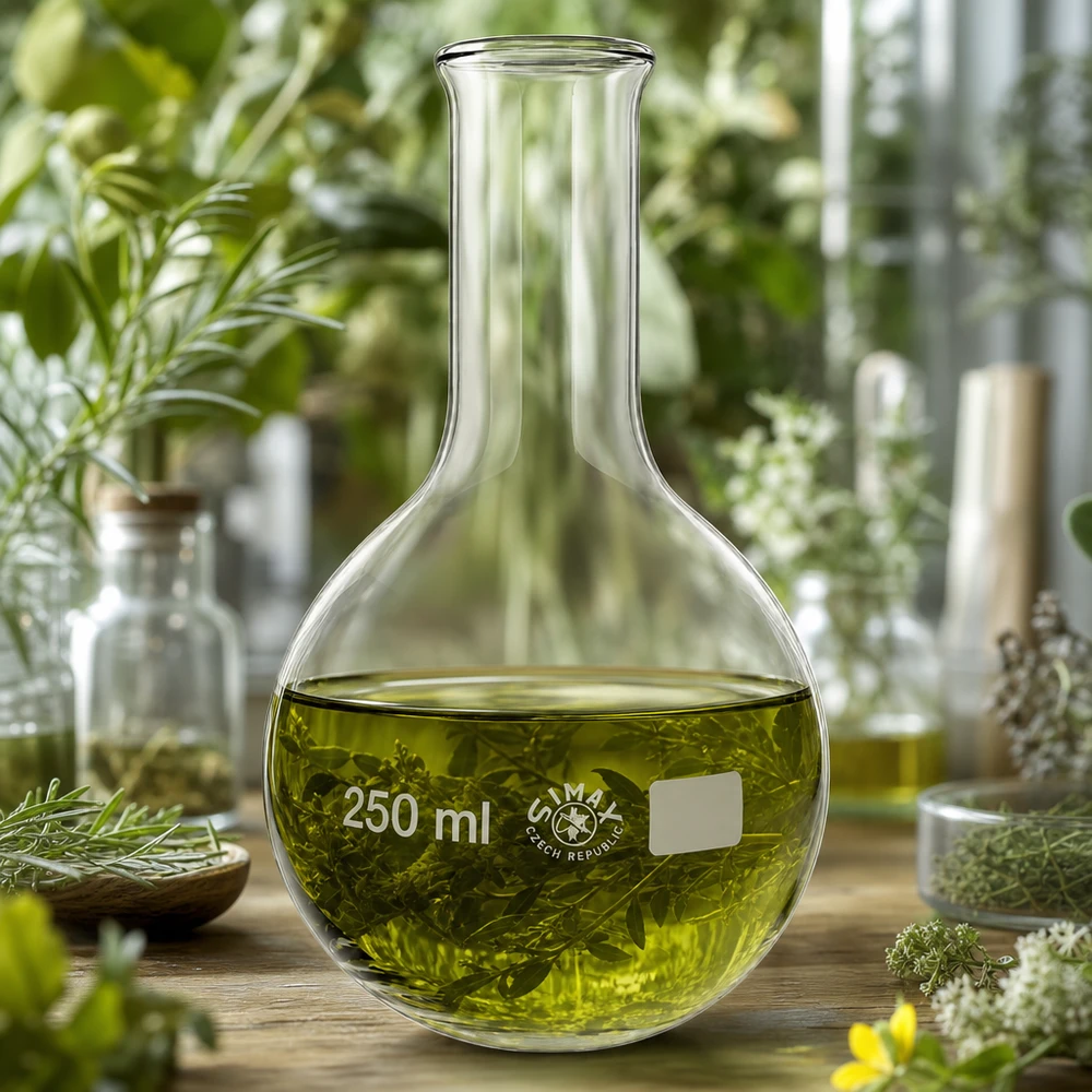 Matraz 250ml cuello estrecho Frasco de vidrio transparente de 250 ml con infusión de hierbas verdes y cuello estrecho para extractos botánicos