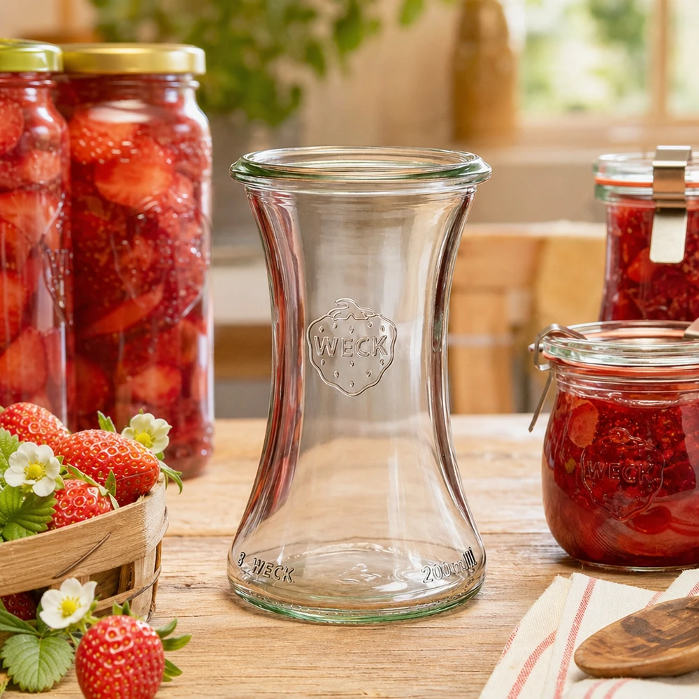 WECK RR60 tarro delicatessen 200ml rodeado de fresas y mermelada casera en una cocina rústica