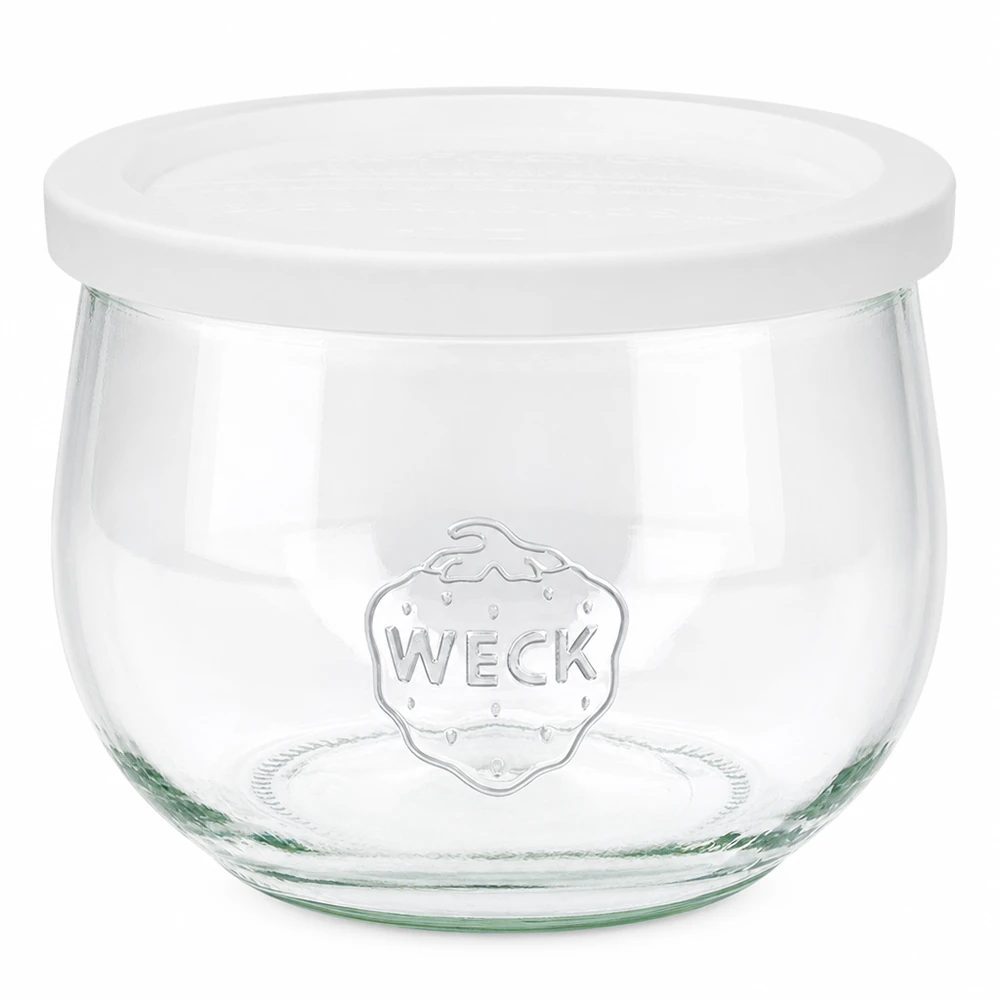 Tarro tulipán de 580ml con tapa de frescura WECK RR100 Tarro tulipán WECK 580ml con tapa blanca frescor Tarro de conserva RR100 transparente con logotipo WECK