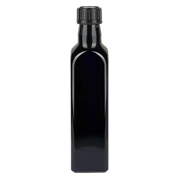 Botella cuadrada de vidrio violeta 500ml (botella de aceite), UNI 10155 31.5x 24, incl. tapón de rosca negro 103574 Botella cuadrada de vidrio violeta 500ml (botella de aceite), UNI 10155 31.5x 24, incl. tapón de rosca negro 103574
