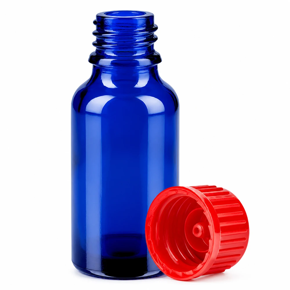 Frasco de vidrio azul cobalto de 20 ml con tapón rojo de 11 mm para dosificar líquidos con precisión