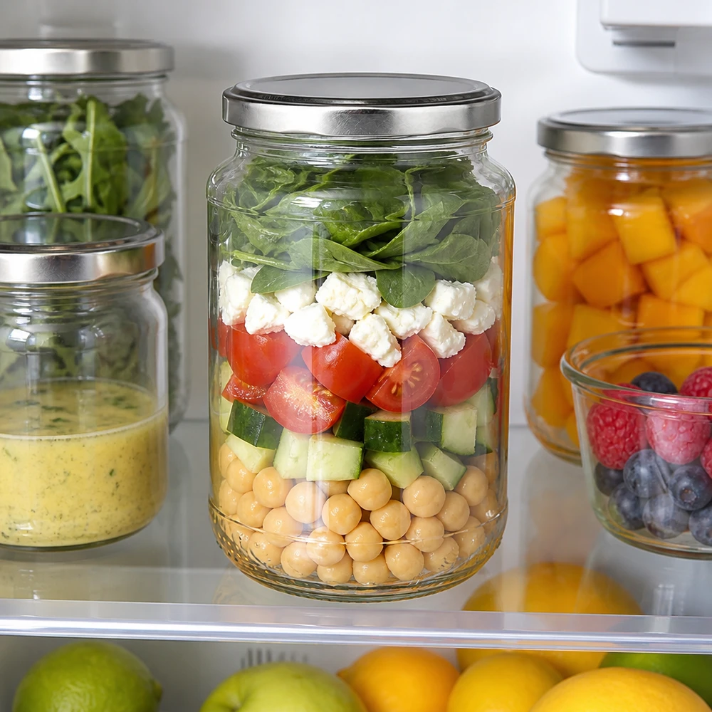Ensalada preparada en un tarro redondo de cristal de 320 ml con tapa BasicSeal plateada, fresca en la nevera
