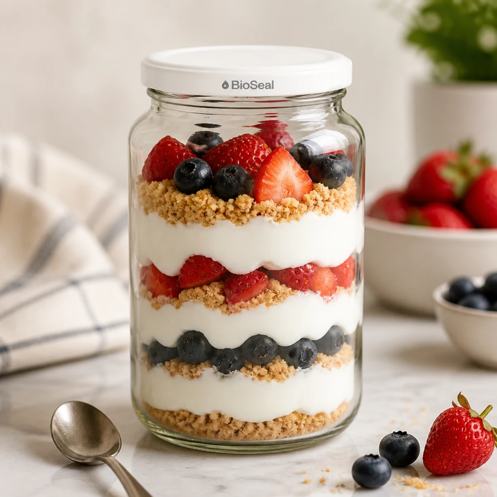 UNiTWIST Runda382 mit weissem Deckel TO66 BioSeal UNiTWIST Runda382 como tarro de postre - capas de yogur con bayas y granola en un tarro de conserva BioSeal
