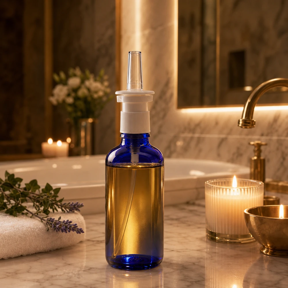 Frasco de spray nasal de 50 ml, de color azul cobalto con contenido dorado, sobre fondo de mármol en un ambiente de spa
