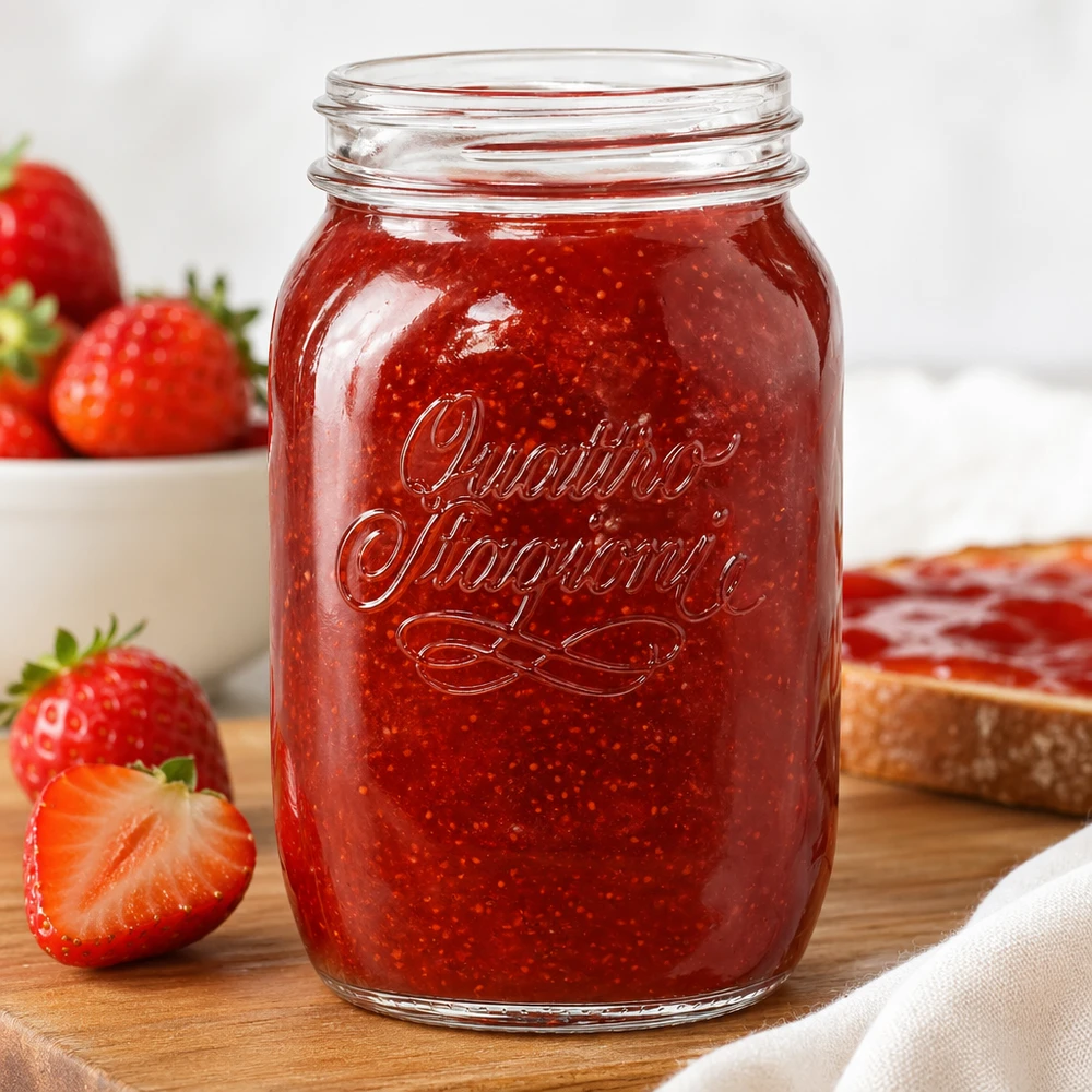 Tarro redondo 1000ml "Quattro Stagioni" QS86mm Tarro doméstico Quattro Stagioni de 1000 ml lleno de mermelada de fresa roja junto a fresas frescas sobre una tabla de madera