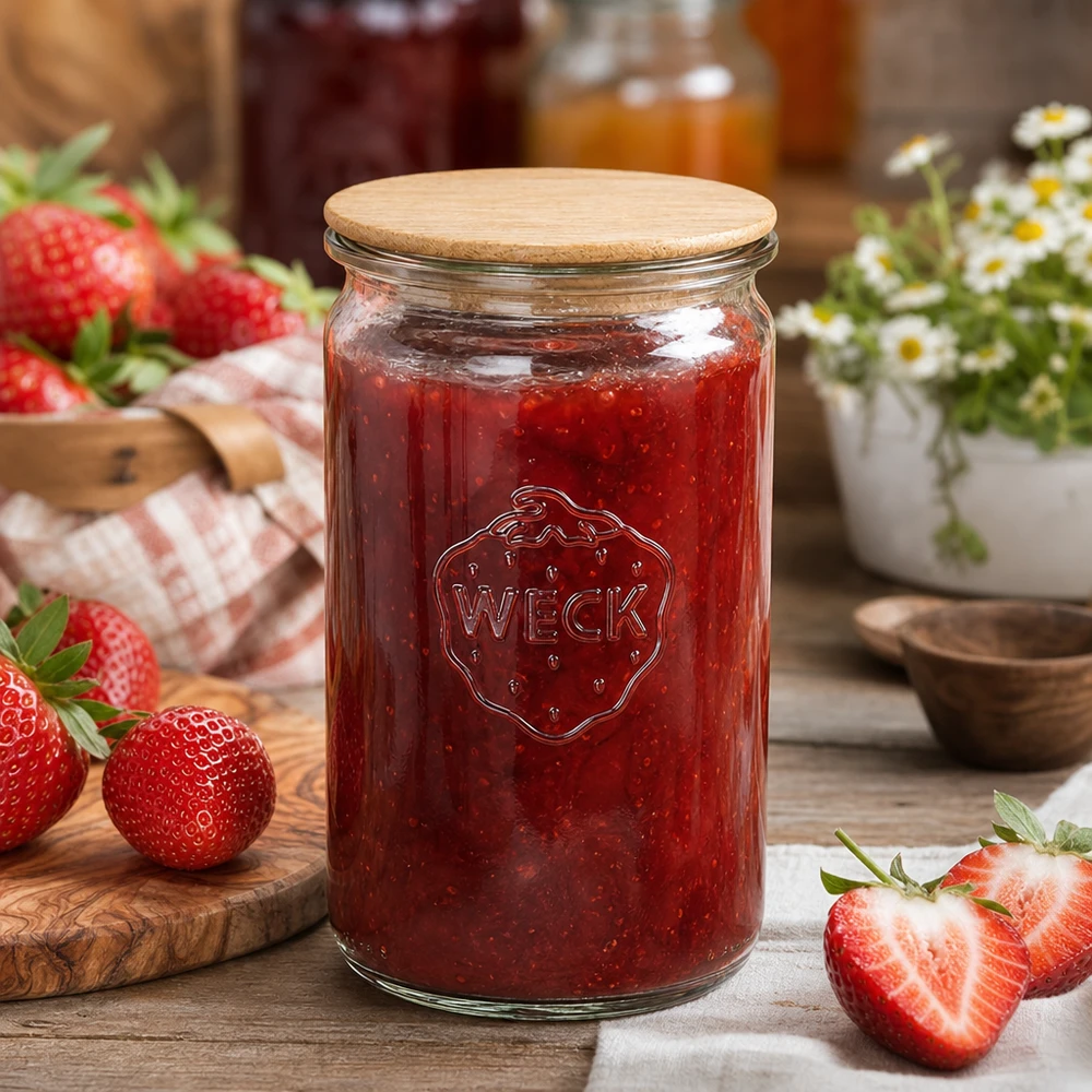 Tarro WECK de 340 ml lleno de mermelada de fresa junto a fresas frescas en una mesa rústica de madera