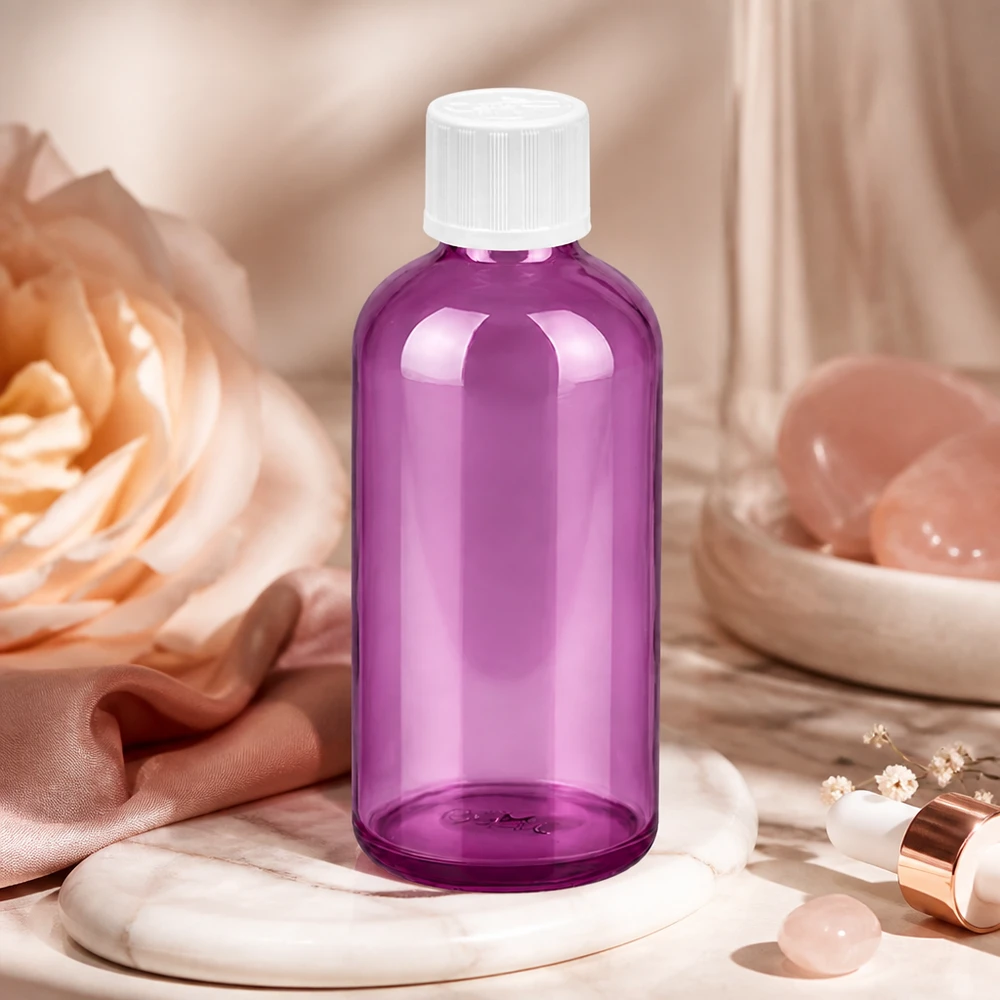 Frasco compacto de cristal de 100 ml con gotero de precisión de 1,2 mm en elegante color morado para productos de belleza