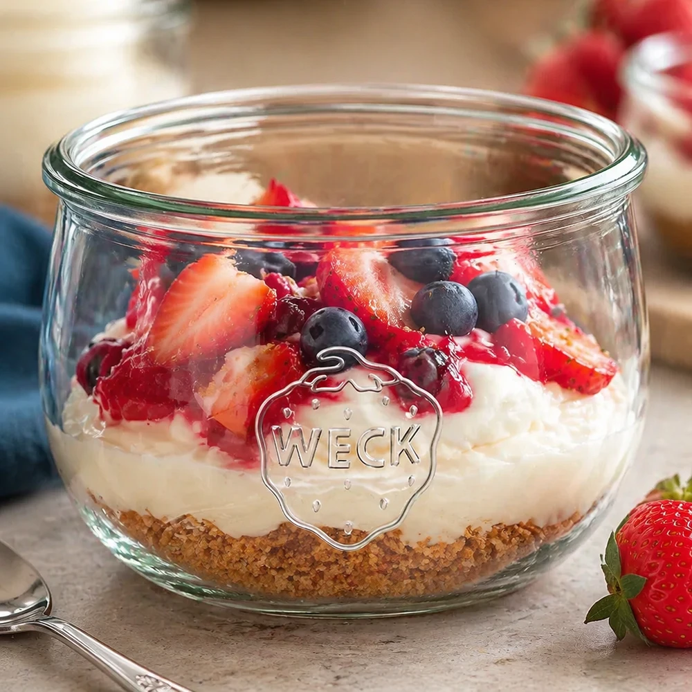 WECK tarro tulipán de 580ml RR100 con postre de capas de crema base de galleta y bayas frescas fresas arándanos