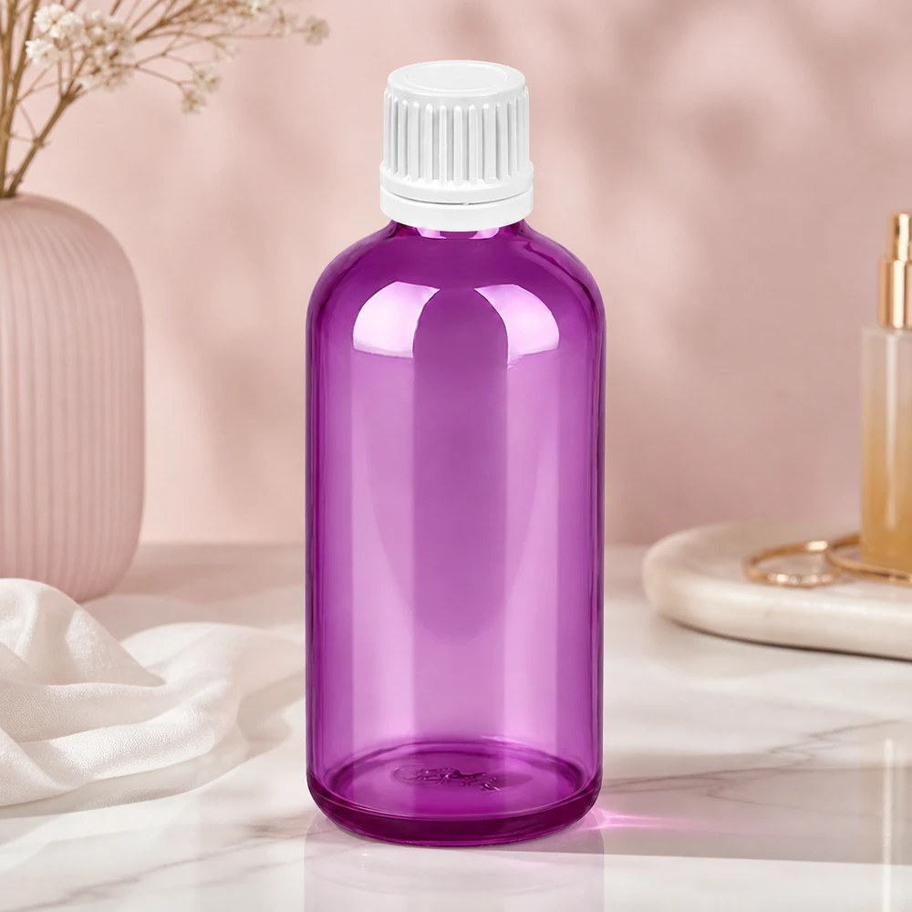 Botella de 100 ml con tapón de rosca blanco de 11 mm Tapón de rosca original PurpleLine UT18/100 Frasco de vidrio de 100 ml de color violeta brillante con tapón blanco resistente para un almacenamiento seguro