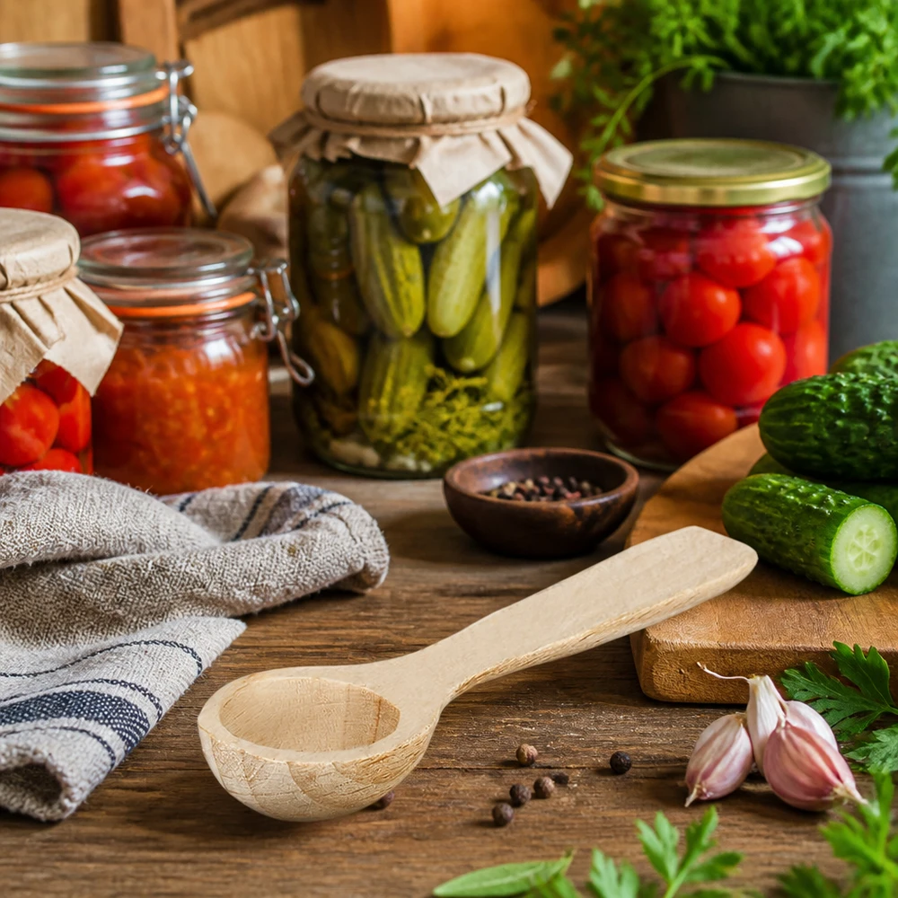 Pala de madera tamaño S forma cuchara - 77mm largo Pequeña cuchara de madera en una cocina rústica con tarros de conserva, especias y hierbas frescas Ambiente de cocina