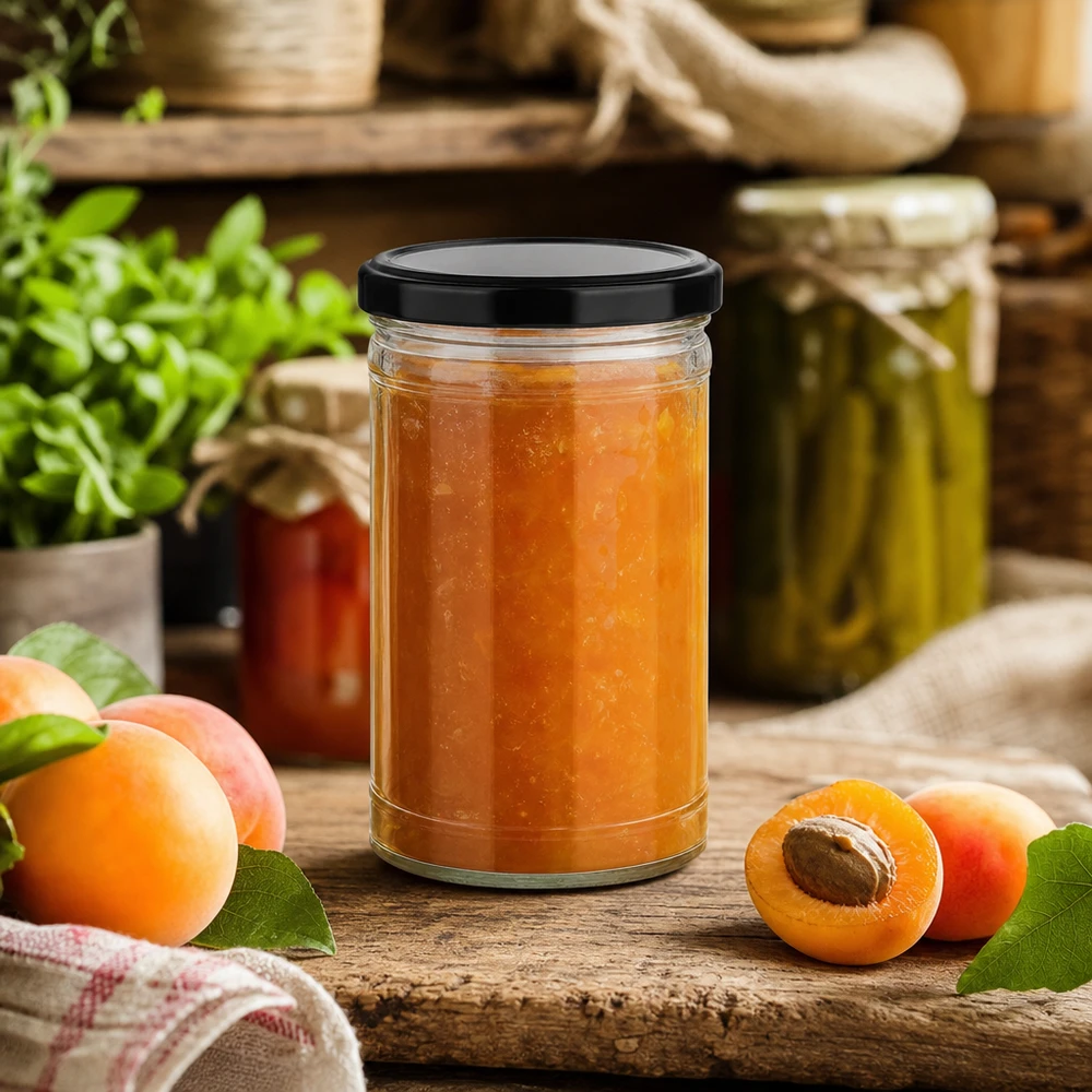 1053ml mason jar con tapa negro lleno de mermelada de albaricoque en la cocina rústica con fruta fresca