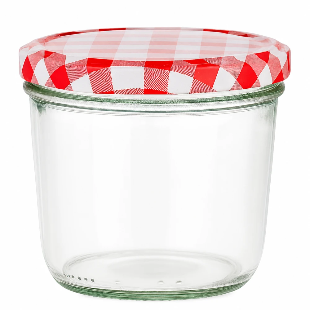Vasos de 230 ml con tapa BasicSeal a cuadros rojos y blancos para mermeladas y conservas
