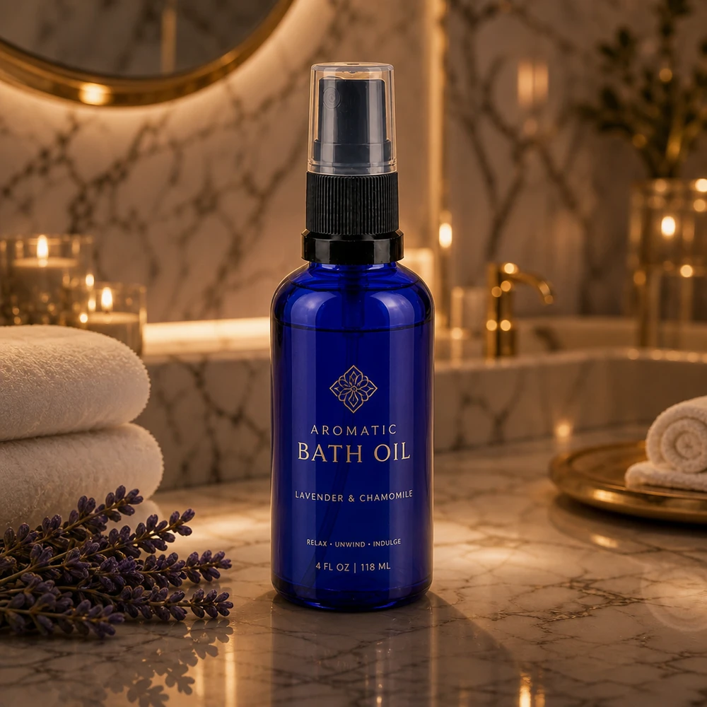Botella de farmacia azul 50ml atomizador negro Aceite de baño para aromaterapia en un frasco pulverizador azul cobalto de 50 ml con atomizador negro para un baño de lujo