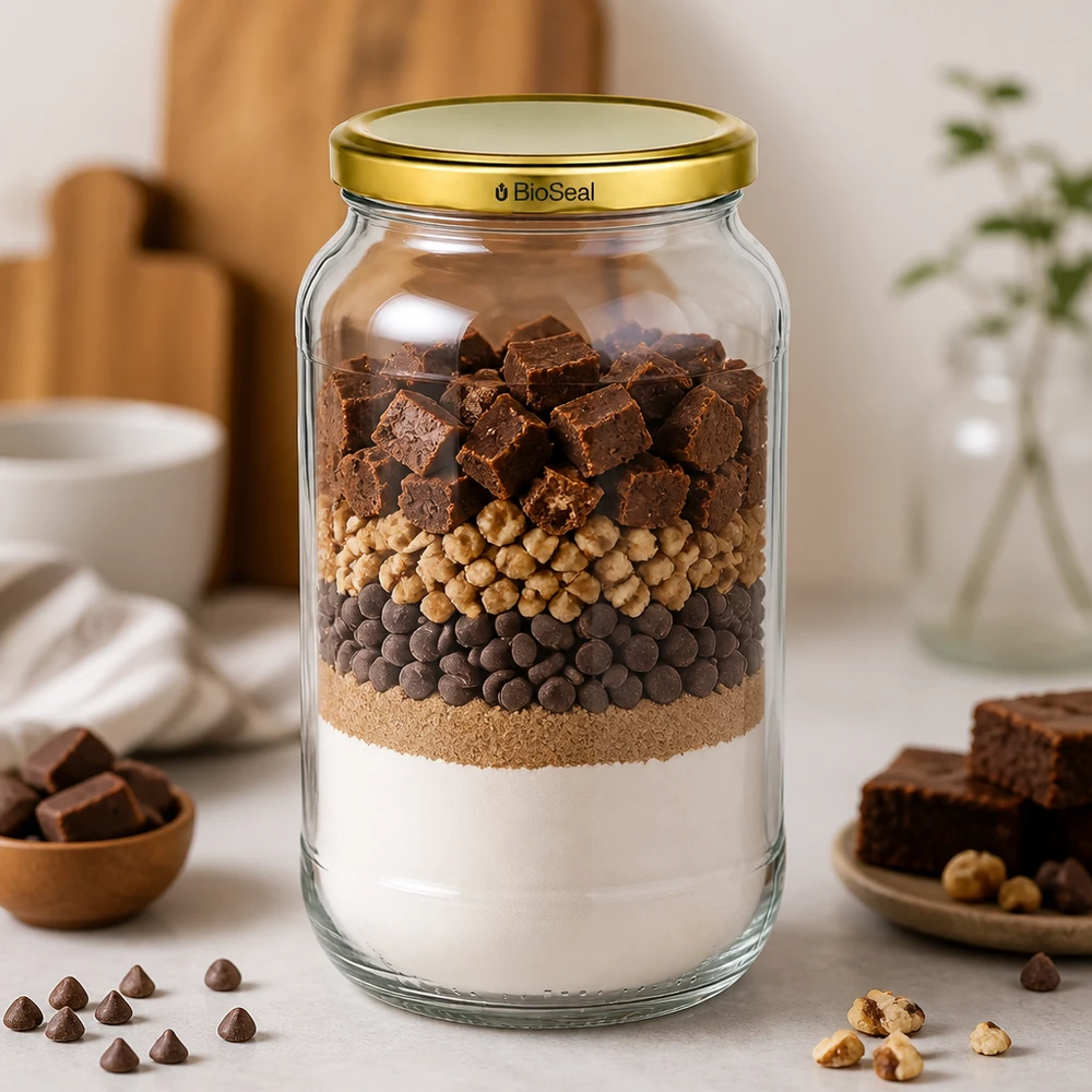 Tarro redondo de 1062ml con tapa dorada UNiTWIST BioSeal UNiTWIST Runda1062 Tarro capas mezcla brownie chocolate frutos secos TO82 BioSeal tapa dorada tarro almacenamiento mezcla repostería