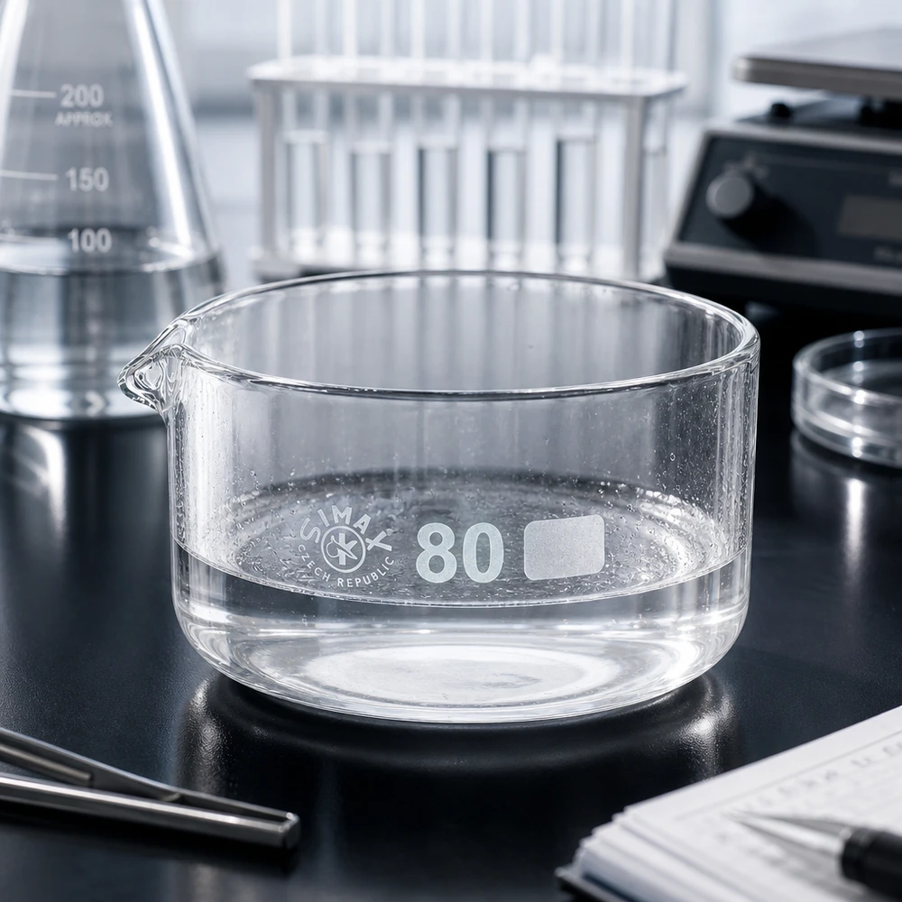 Cubeta de cristalización 150ml con pico borosilicato ø80mm Recipiente de cristalización transparente de 150 ml con pico vertedor sobre una superficie de laboratorio negra de ø80 mm SIMAX