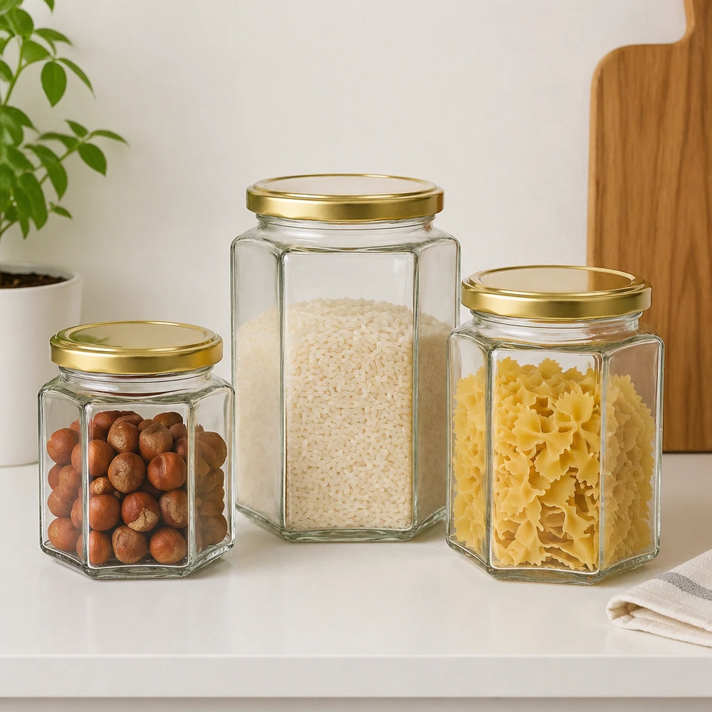 Tarro para miel de 500 g con tapa dorada BasicSeal UNiTWIST Tres tarros de miel de 500 g BasicSeal de varios tamaños con tapas doradas Frutos secos Arroz Pasta Almacenamiento