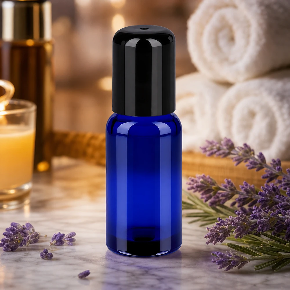 Frasco roll-on 20ml negro tapón estándar BlueLine UT18/20 Frasco de vidrio de 20 ml con aplicador roll-on de color azul intenso para aceites de aromaterapia y perfumería