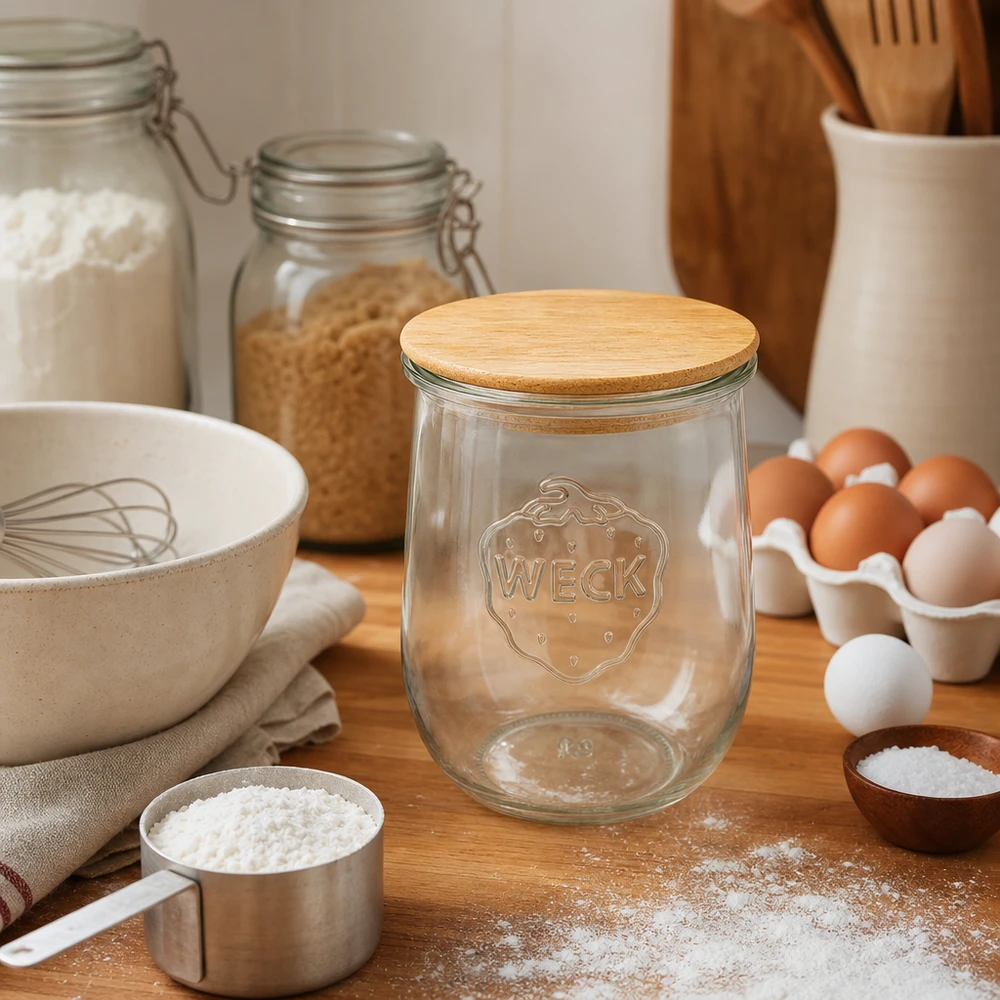 1062ml Tarro tulipán WECK RR100 con tapa de madera WECK tarro tulipán RR100 1062ml vacío con tapa de madera en cocina rústica entre ingredientes para hornear huevos harina utensilios