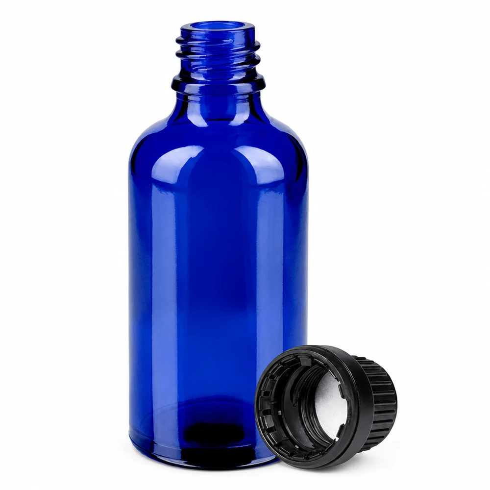 Botella de vidrio BlueLine de 50 ml con rosca de 11 mm y tapón inviolable negro UT18/50