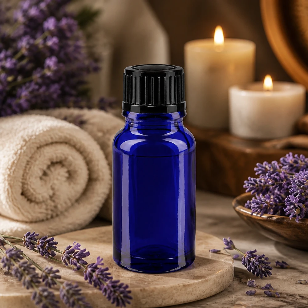 Frasco de cristal azul de 10 ml con tapón dosificador negro para aceites esenciales
