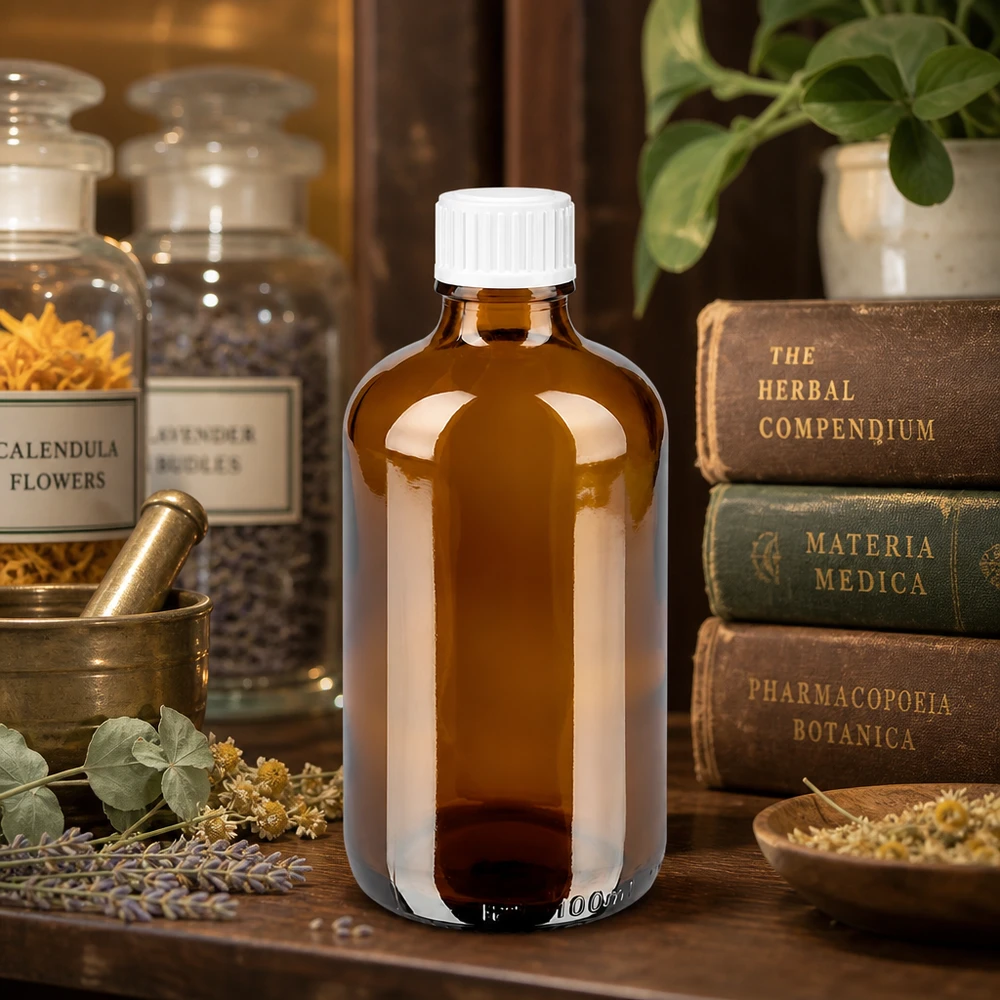 Botella de farmacia marrón 100ml tapón rosca blanco estándar Frasco de farmacia de vidrio ámbar de 100 ml con tapón de rosca blanco, delante de libros de hierbas y morteros