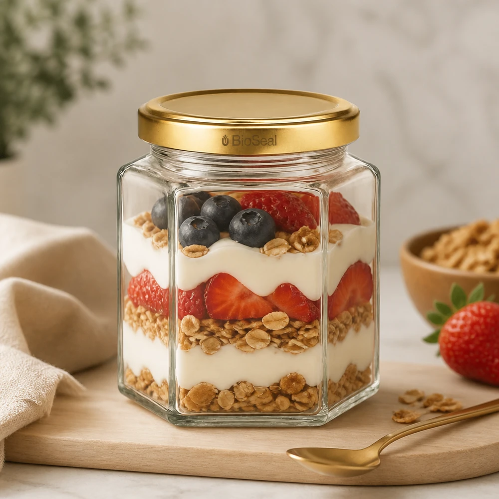Tarro Hexa 390ml con tapa dorada BioSeal UNiTWIST Tarro UNiTWIST Hexa390 con tapa TO70 BioSeal lleno de muesli yogur bayas como parfait sobre una tabla de madera.