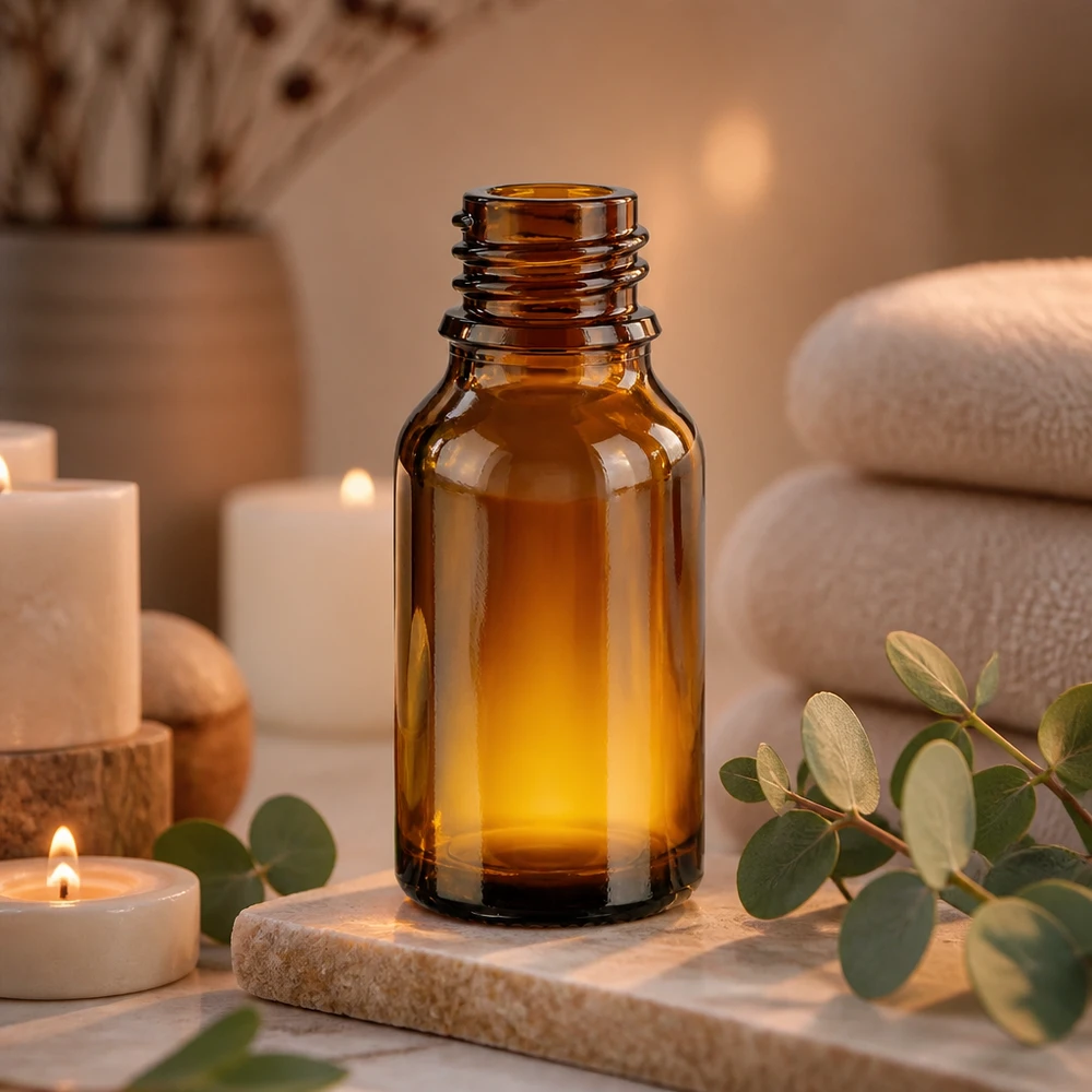 Frasco de farmacia ApoGlas marrón 30ml forma alta ambientación bienestar con ramitas de eucalipto velas colección piedra
