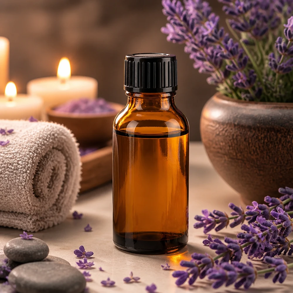 Frasco cuentagotas de farmacia de color marrón de 20 ml con tapón cuentagotas negro junto a flores de lavanda