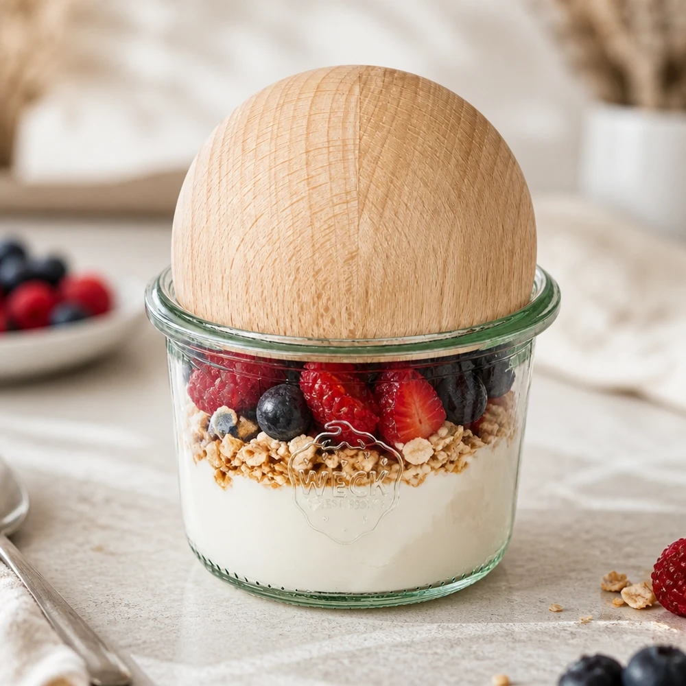Vasos de 80ml WECK RR60 con bola de madera de haya Vasos RR60 WECK de 80 ml con bola de madera de haya rellenos de yogur, granola y bayas como parfait de desayuno