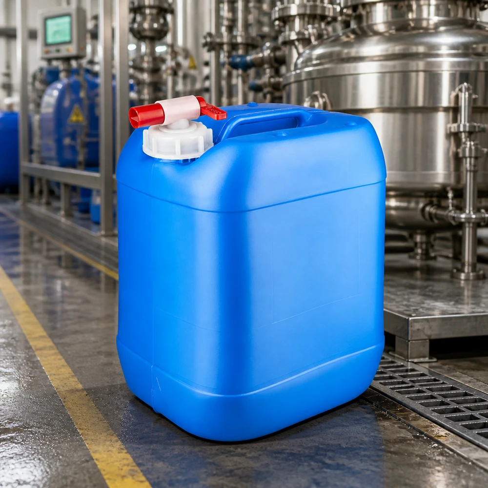 Bidón industrial azul de 20 litros con grifo, fabricado en plástico HDPE, en una planta de producción química