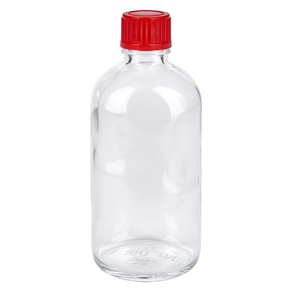 Botella 100ml 11mm tapón rosca rojo estándar ClearLine UT18/100 Frasco de cristal transparente de 100 ml con tapón de rosca rojo, 11 mm, frasco médico ClearLine UT18/100