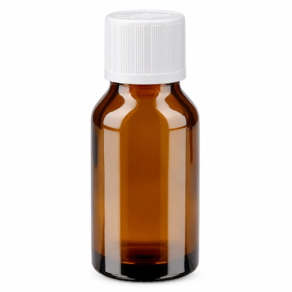 Botella de farmacia marrón 15ml tapón de rosca blanco Estándar resistente a los niños Frasco de farmacia marrón de 15 ml con tapón de seguridad para niños blanco, de cristal marrón