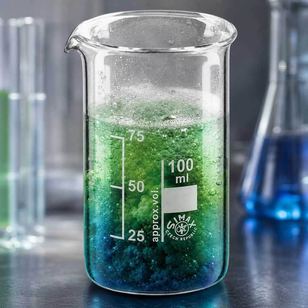 Mezcla verde que reacciona en un vaso de precipitados Simax de 100 ml, de forma alta, con formación de burbujas