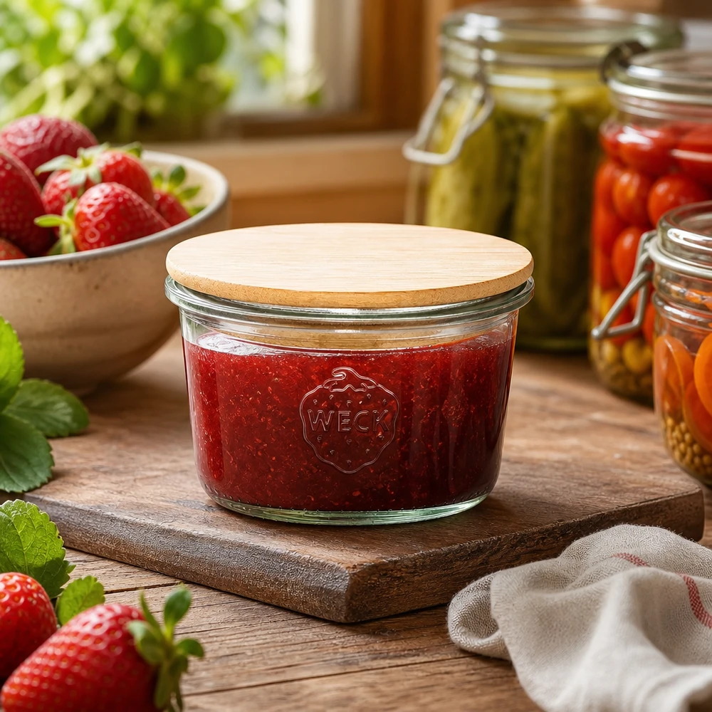 Tarro WECK 80ml RR60 con tapa de madera lleno de mermelada de fresa en cocina rústica con fresas frescas