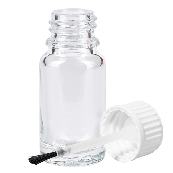 Frasco pincel 10ml blanco tapón estándar ClearLine UT18/10 Frasco con pincel de 10 ml de cristal transparente, sin contenido, con tapón blanco y pincel para una aplicación precisa del líquido