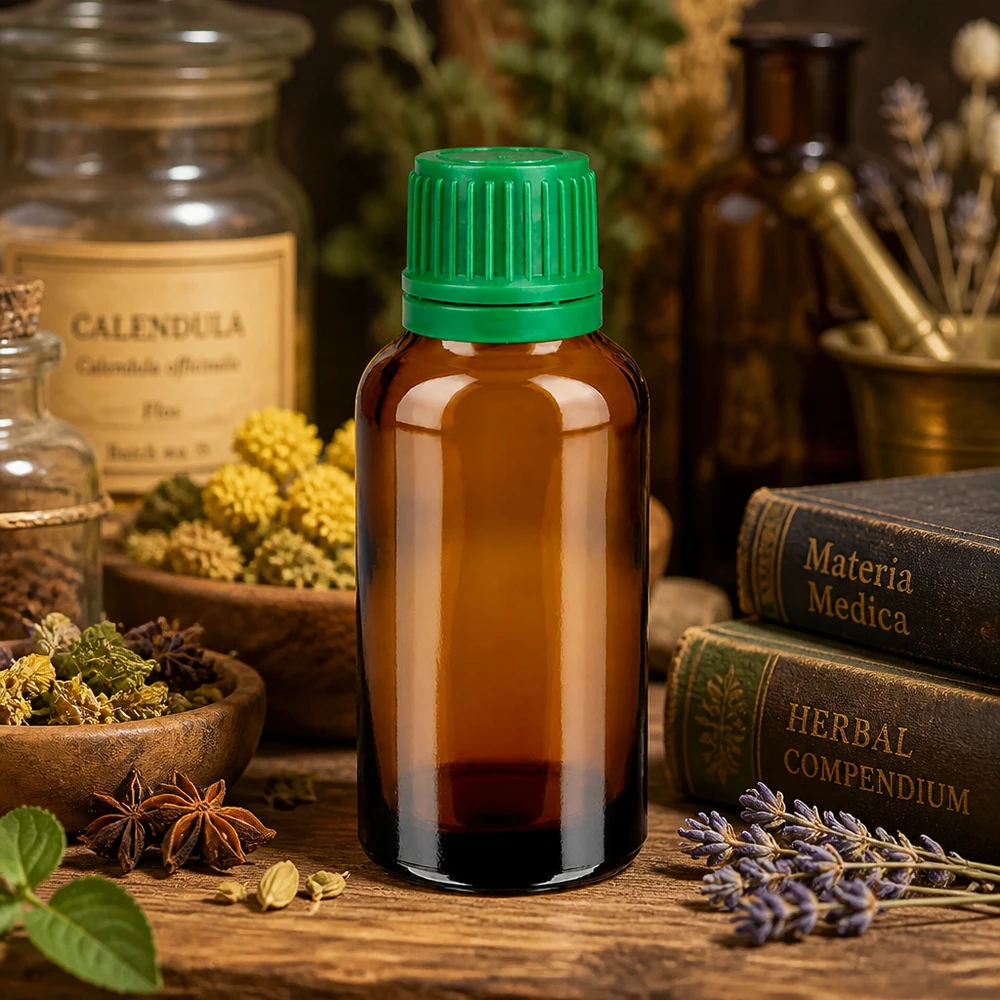 Botella 30ml tapón rosca 11mm verde cierre inviolable BrownLine UT18/30 Frasco de vidrio ámbar de 30 ml con tapón de rosca verde ideal para extractos de hierbas y tinturas