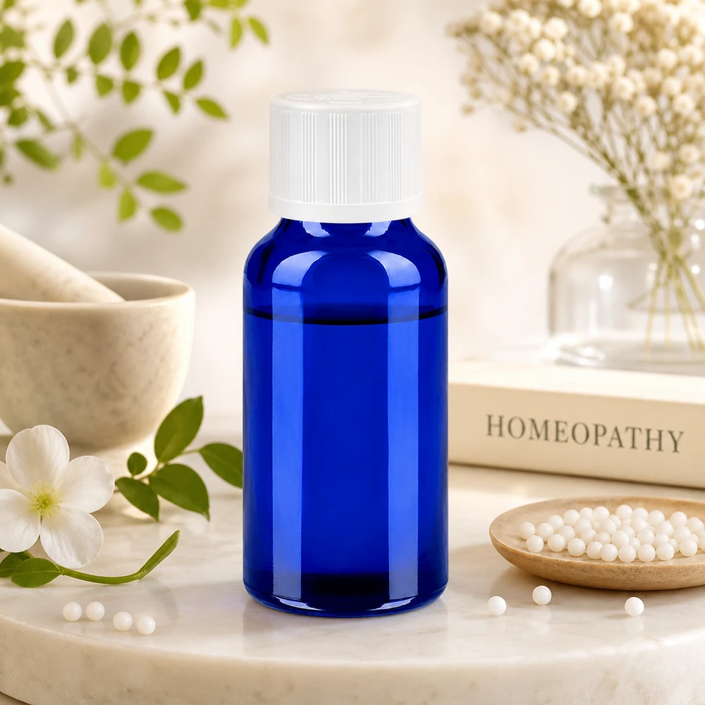 Botella 20ml 11mm tapón rosca blanco con precinto de seguridad BlueLine UT18/20 Frasco compacto de vidrio azul de 20 ml con tapón a prueba de manipulaciones para un almacenamiento seguro del producto