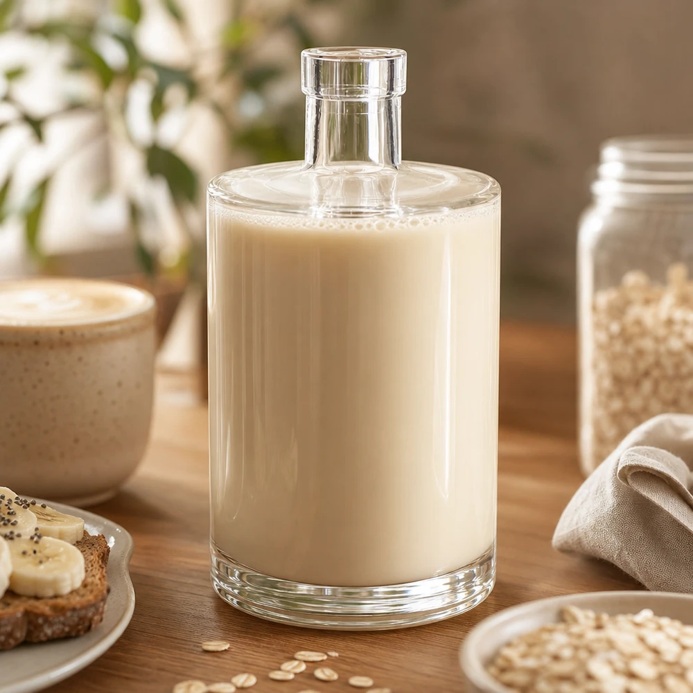 Botella de cristal de 700 ml Marie llena de leche de avena sobre una mesa de madera junto a un bol de cereales y copos de avena en la cocina
