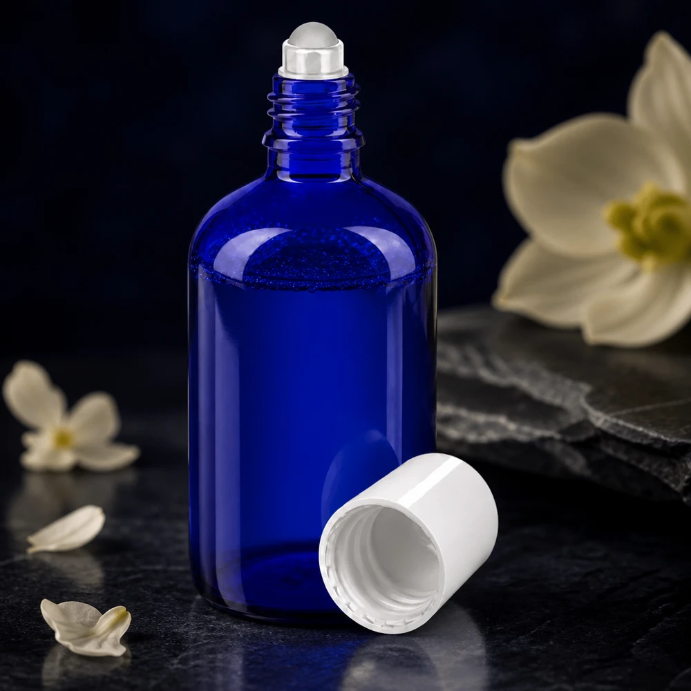 Frasco roll-on azul cobalto de 100 ml, fabricado en vidrio de farmacia de alta calidad, con tapón de rosca blanco abierto