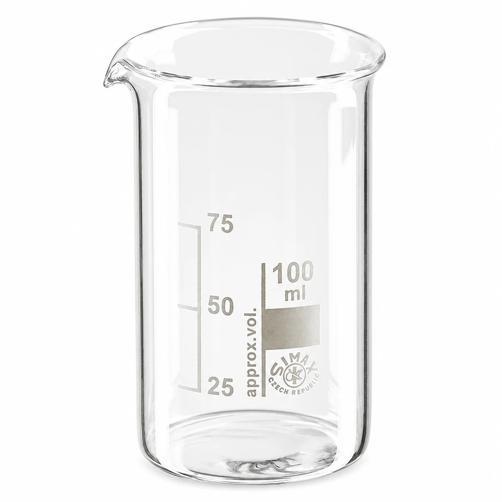 Vaso de precipitados de 100 ml, de forma alta, fabricado en vidrio borosilicato transparente, con escala de medición y pico vertedor