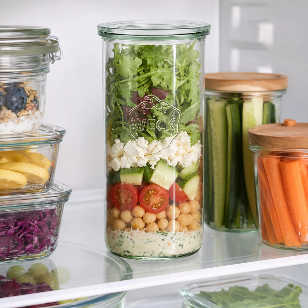 Vasos de 1500ml con tapa de cristal WECK RR100 Vasos WECK 1500ml RR100 en la nevera llenos de ensalada en capas entre otros tarros de almacenamiento Meal Prep