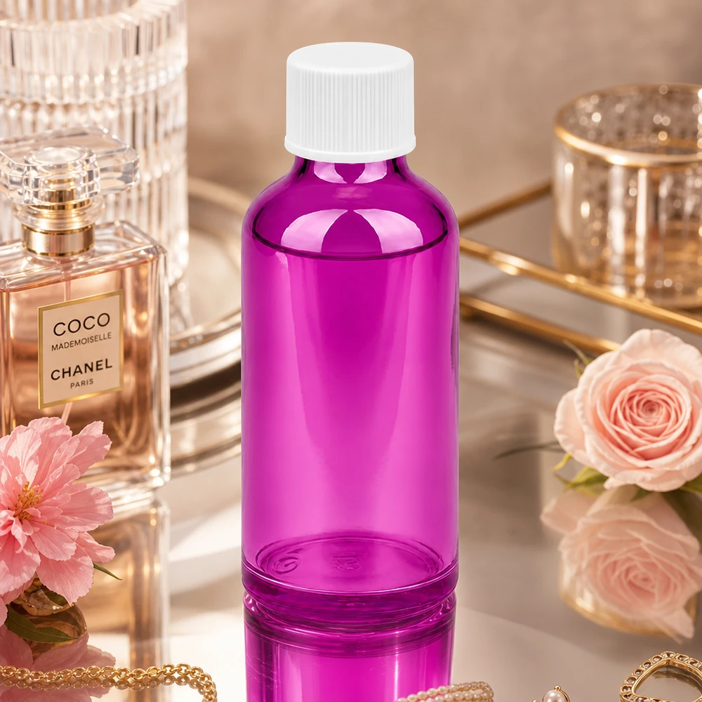Elegante frasco de 50 ml con diseño Purple Line y tapón blanco para un cuidado de lujo de la piel