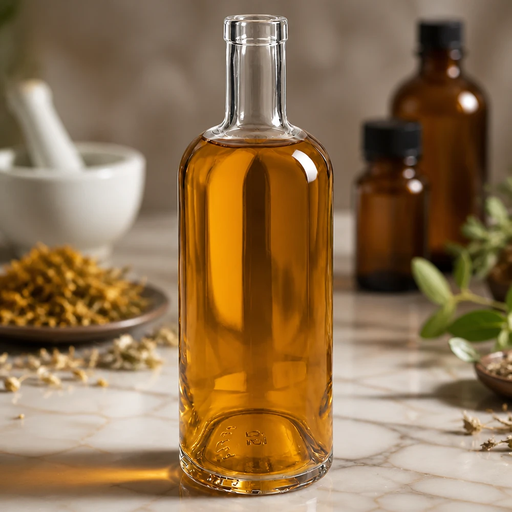 Botella de vidrio de 750 ml «Emma» sin tapón UNiTWIST® 750ml Glasflasche Emma mit goldbraunem Inhalt in apotheker-ähnlicher Umgebung mit Kräutern und Mörser dekoriert