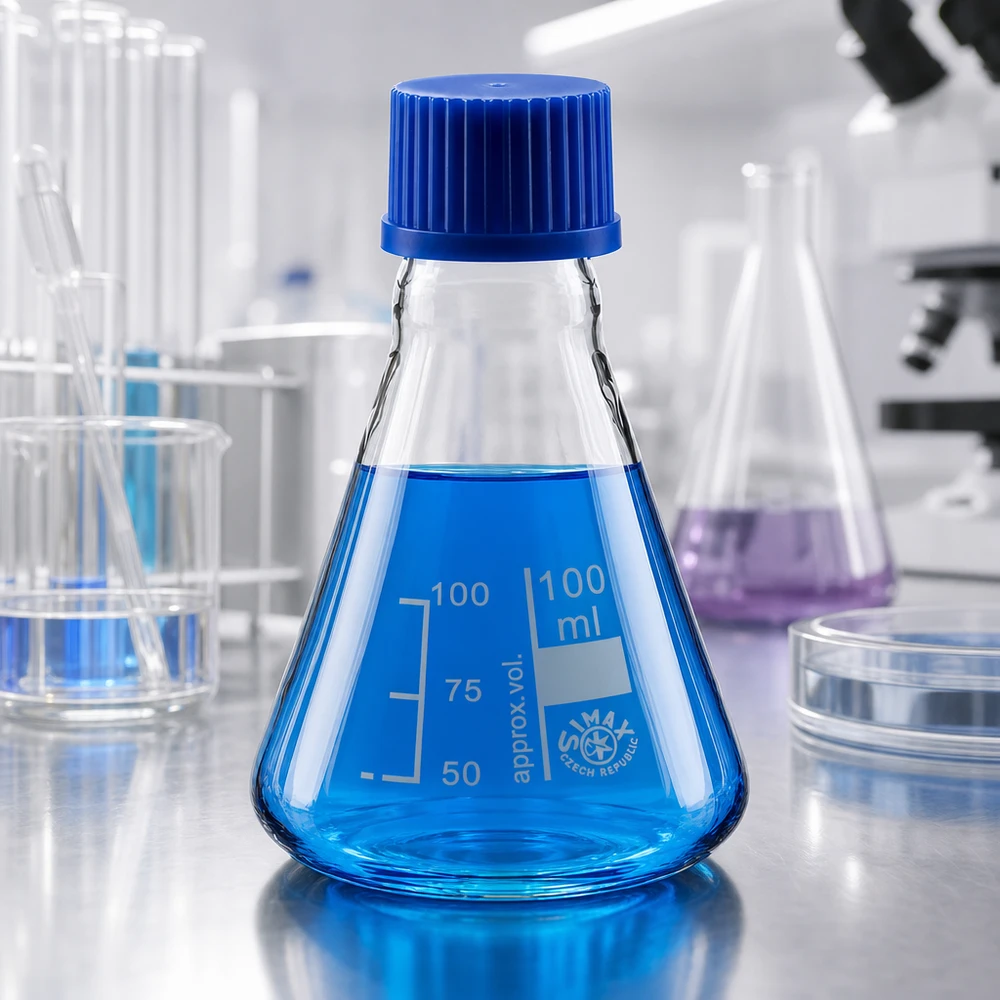 Material de vidrio de laboratorio Matraz Erlenmeyer de 100 ml con tapón azul para experimentos químicos