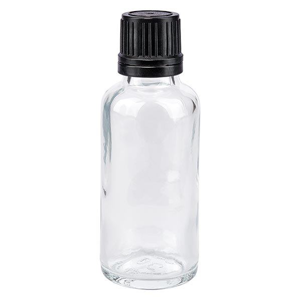 Botella de farmacia transparente 30ml tapón de rosca anillo vertedor negro cierre inviolable Botella de farmacia transparente 30ml tapón de rosca anillo vertedor negro cierre inviolable