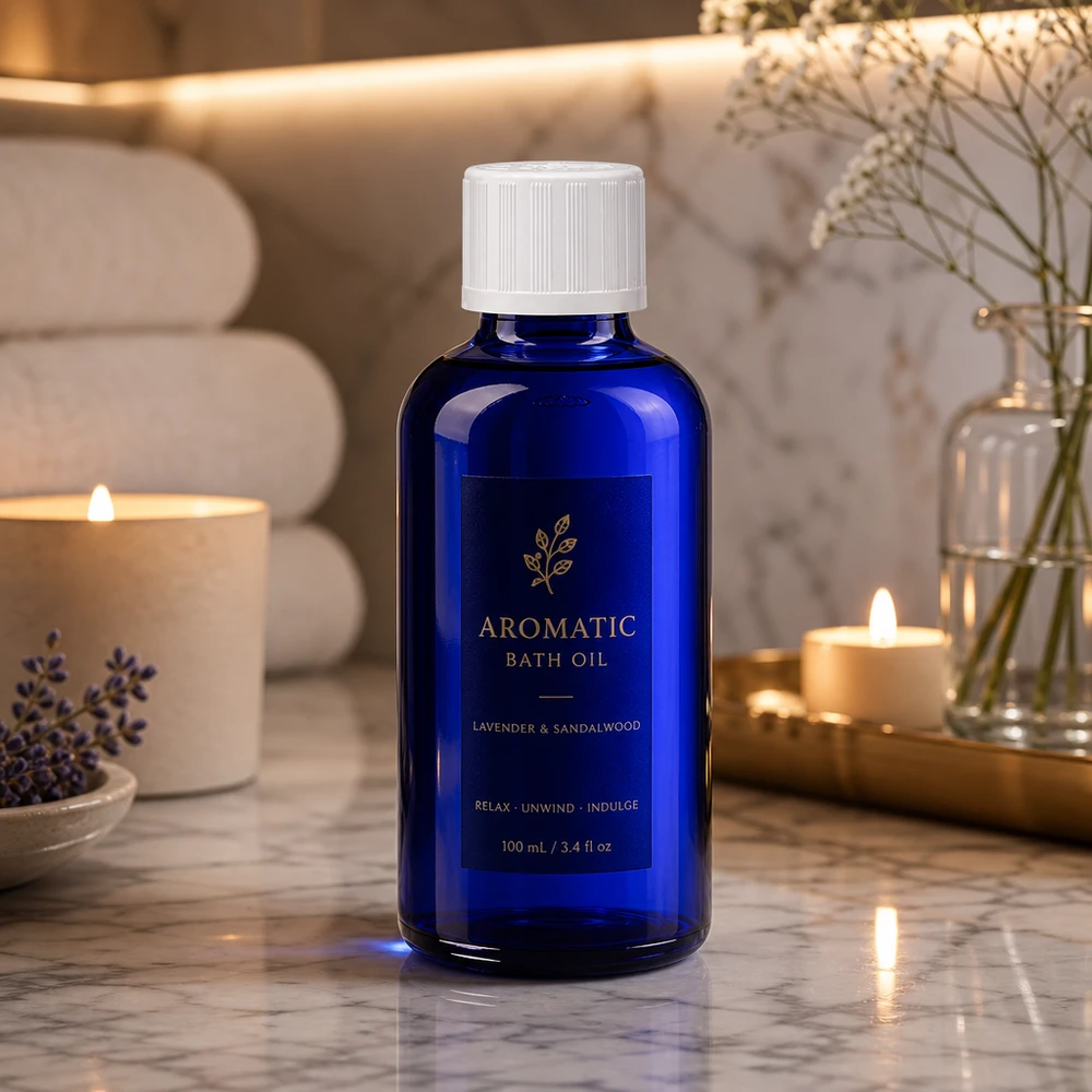 Frasco de farmacia azul cobalto de 50 ml con tapón blanco KiSi en un elegante entorno de cuarto de baño