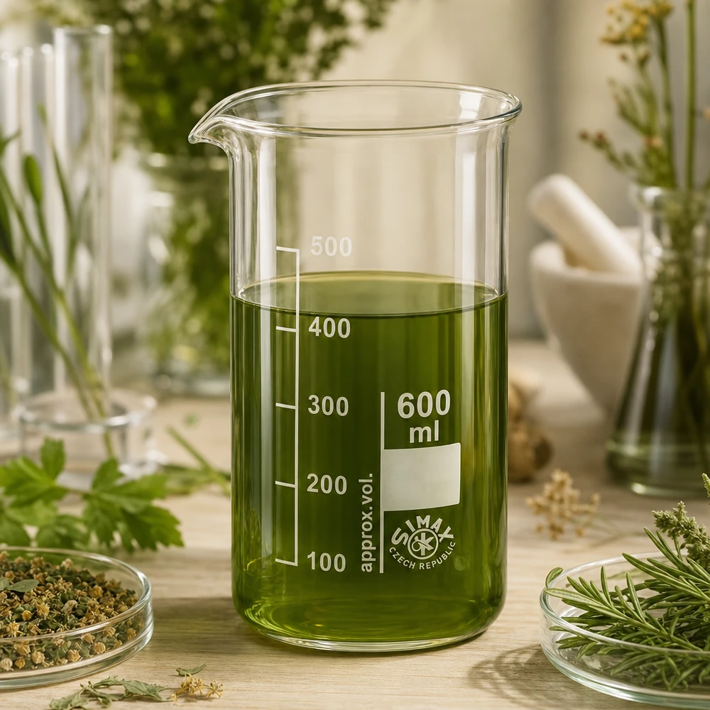 Vaso de precipitados de 600 ml, de forma alta, con extracto de hierbas verde rodeado de hierbas medicinales frescas y ramitas de romero